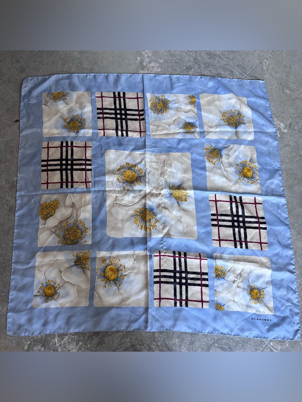 Large Burberry Light Blue Floral & Check Silk Square Scarf